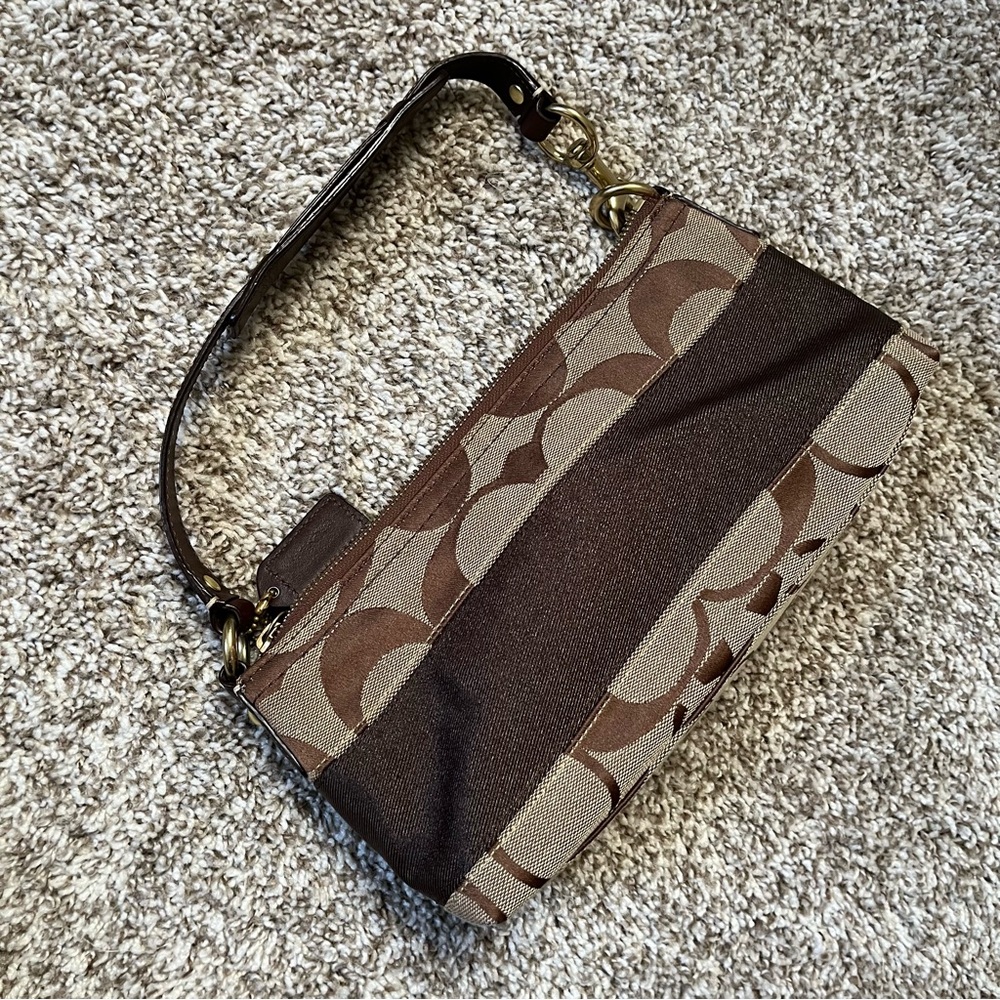 Coach Brown Signature Canvas Wrist/Shoulder Bag with Dark Brown Accents